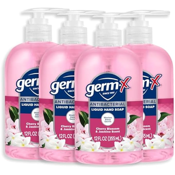 Germ-X ANTIBACTERIAL HAND SOAP, MOISTURIZING LIQUID HAND WASH FOR BATHROOM, PH BALANCED & DERMATOLOGIST TESTED, BACK TO SCHOOL SUPPLIES, JASMINE & CHERRY BLOSSOM, 12 OZ PUMP BOTTLE (PACK OF 4) - Image 1